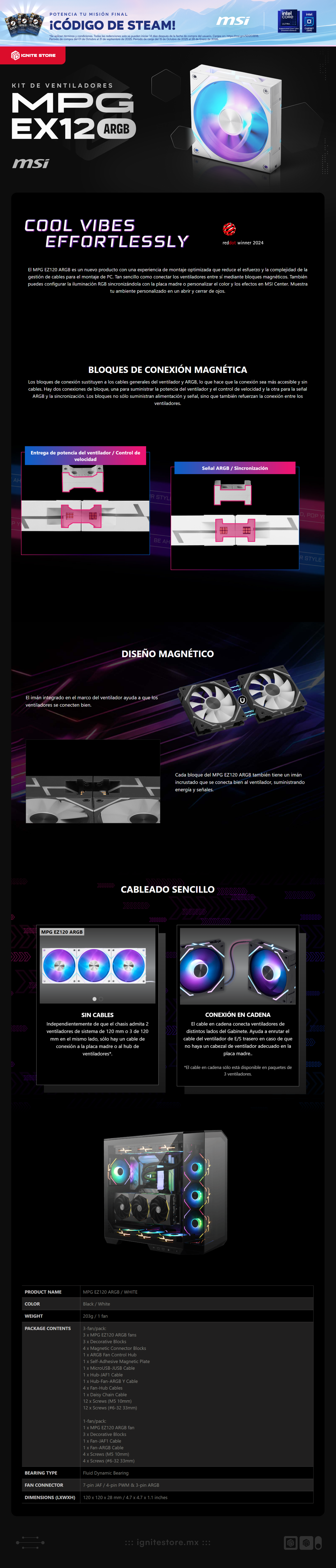 Kit de 3 Ventiladores MSI MPG EZ120 ARGB | 3x120mm | 0~1900 RPM | Color Blanco | MPG EZ120 ARGB WHITE-3W