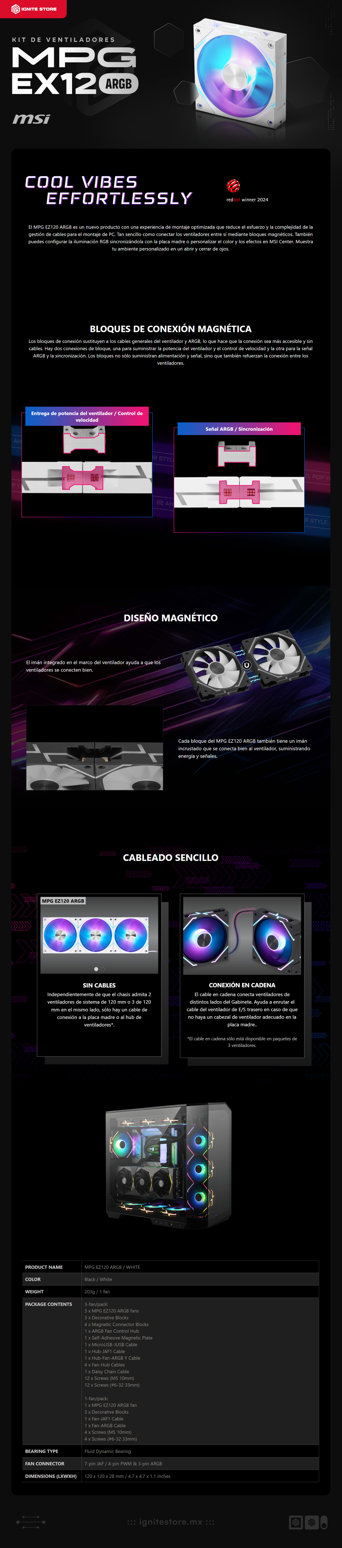 Kit de 3 Ventiladores MSI MPG EZ120 ARGB | 3x120mm | 0~1900 RPM | Color Blanco | MPG EZ120 ARGB WHITE-3W
