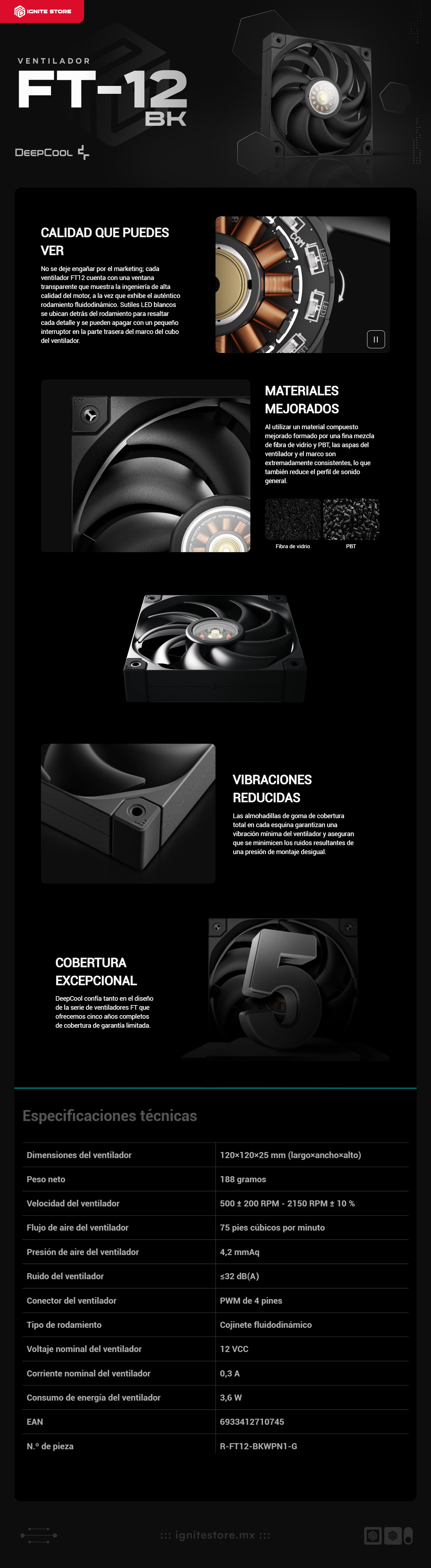 Kit de 3 Ventiladores DeepCool FT12 | 120mm | 2150 RPM | 32 dBA | 4-pin PWM | Color Negro | R-FT12-BKWPN3-G