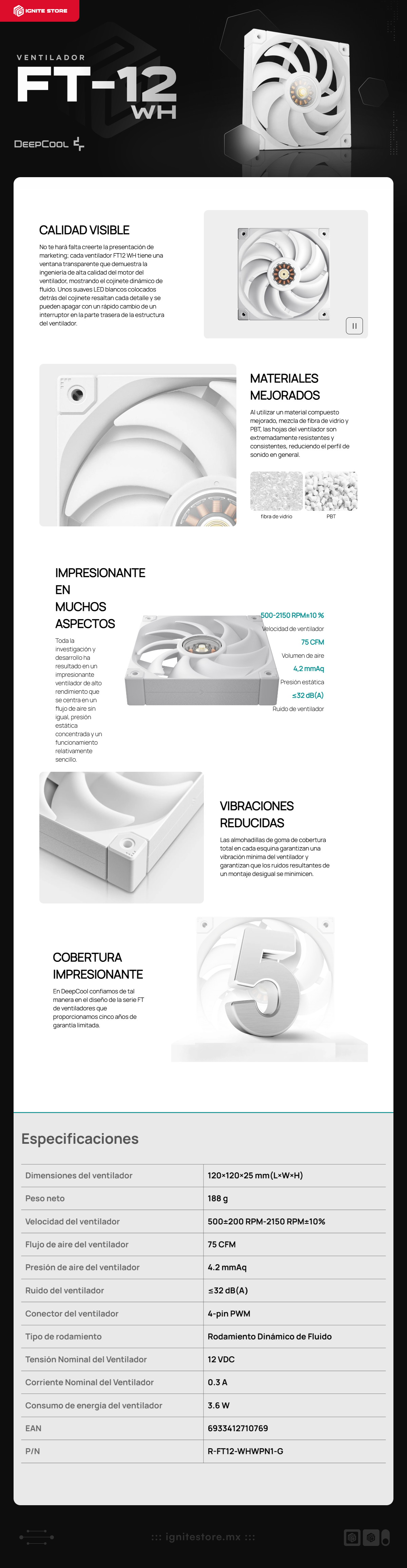 Kit de 3 Ventiladores DeepCool FT12 | 120mm | 2150 RPM | 32 dBA | 4-pin PWM | Color Blanco | R-FT12-WHWPN3-G