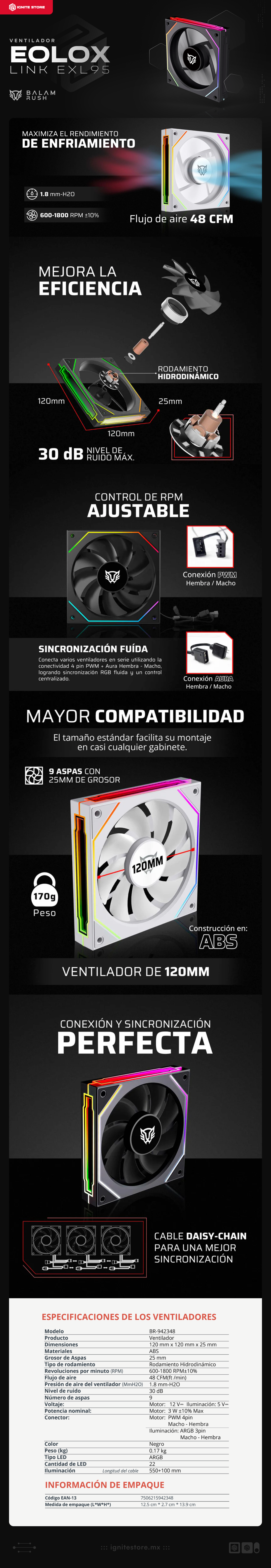 Ventilador Balam Rush Eolox Link EXL95 | 120mm | 600 a 1800 RPM | 30 dB | 4 Pines | ARGB | Negro | BR-942348