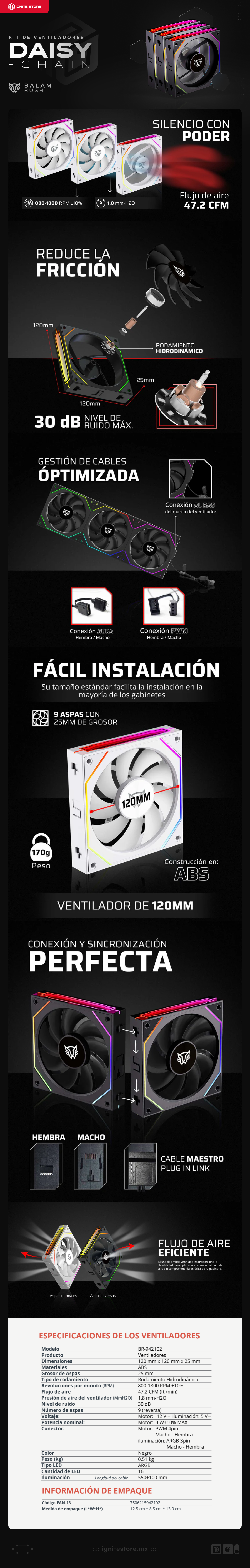 Kit 3 Ventiladores Balam Rush Daisy-Chain | Aspas Invertidas | 120 mm | 800 a 1800 RPM | 4 Pines | ARGB | Negro | BR-942102