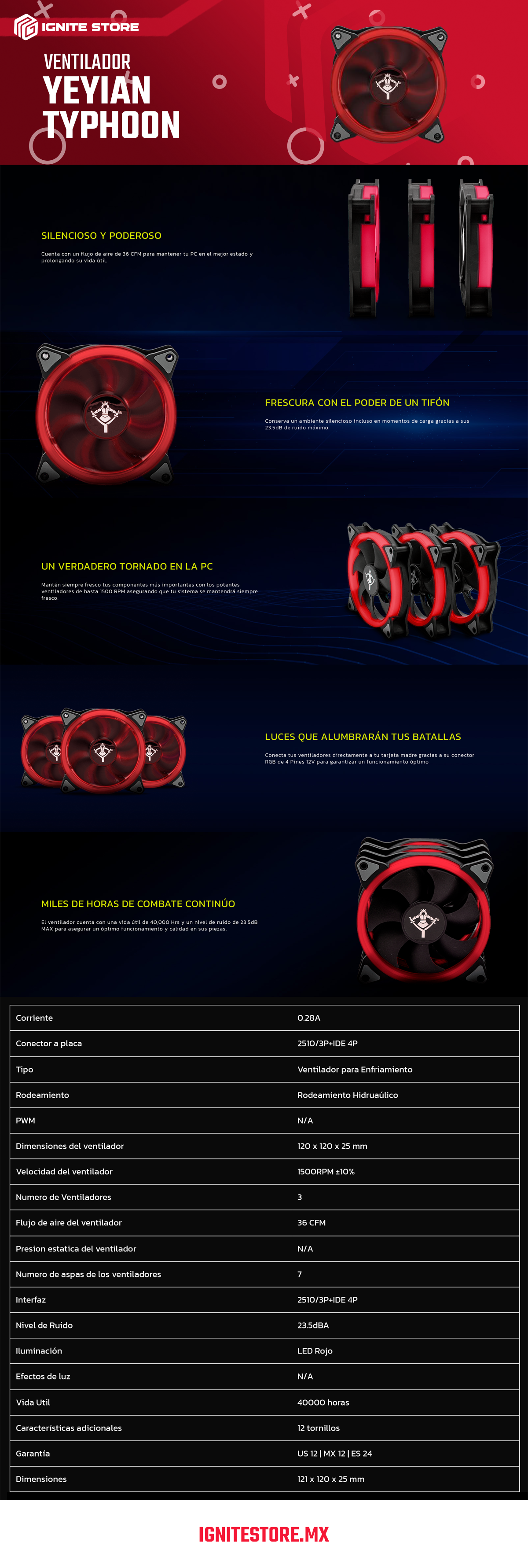 Ventilador Yeyian Typhoon  - LED - Rojo - 120MM