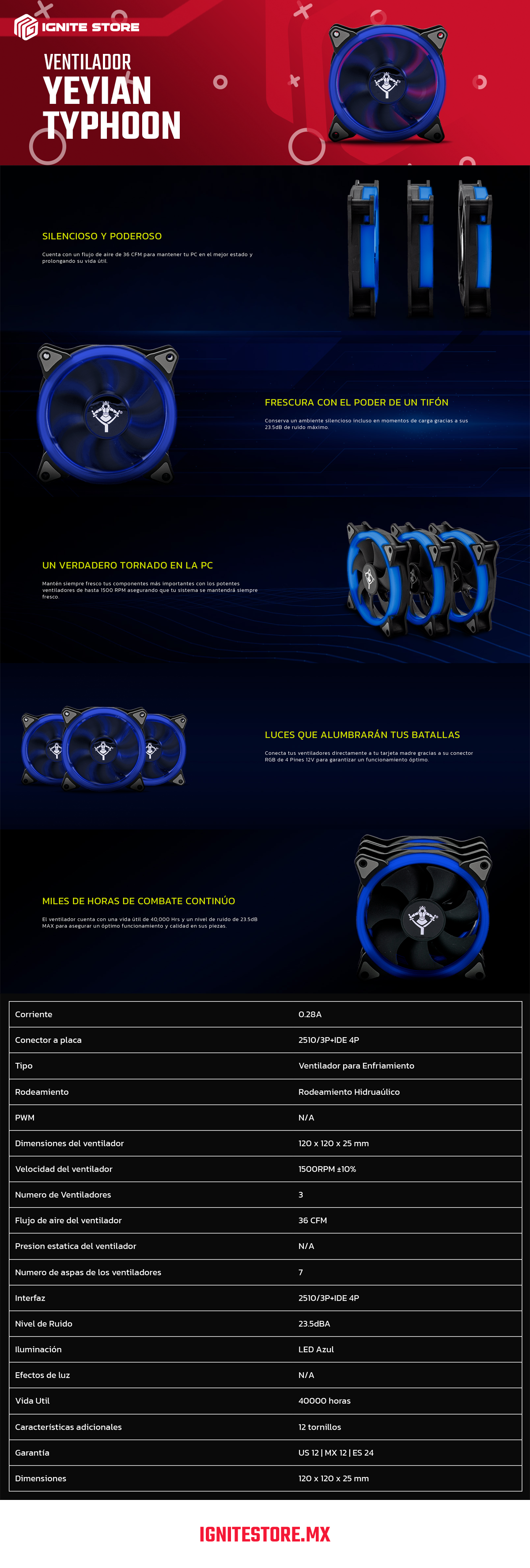 Ventilador Yeyian Typhoon - LED - Azul - 120MM