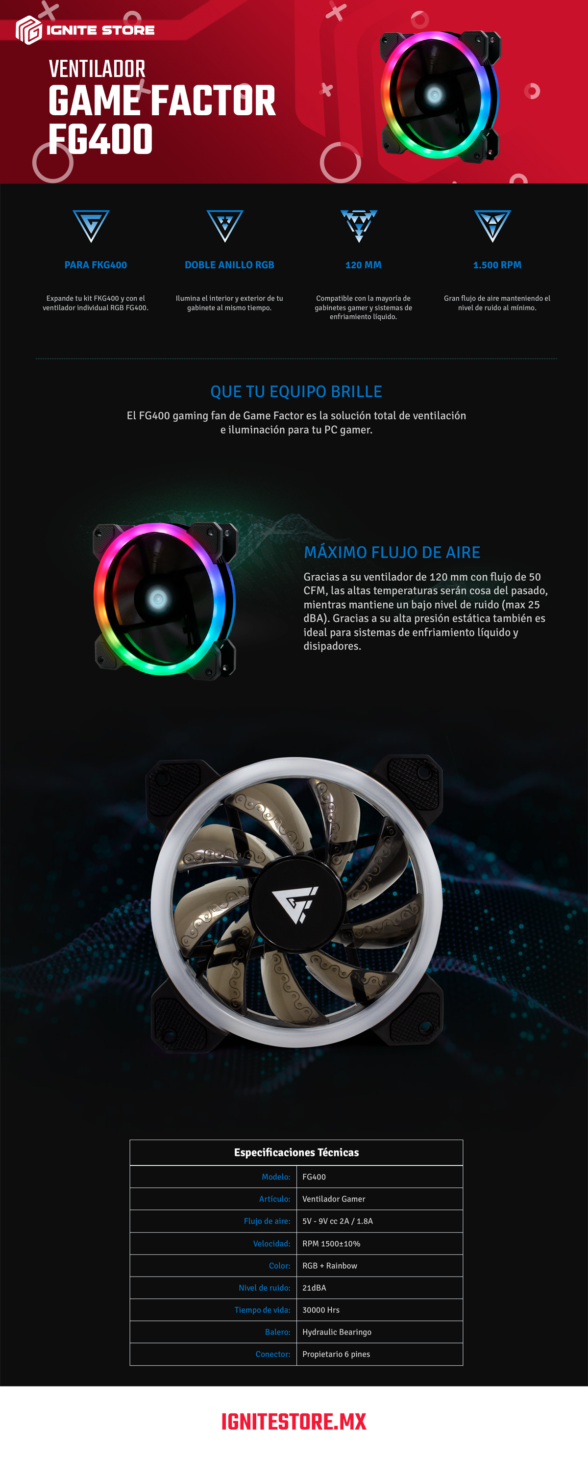 Ventilador Game Factor FG400 | 120mm | 1500 r.p.m | 21dBA | RGB | 6-pin | FG-400