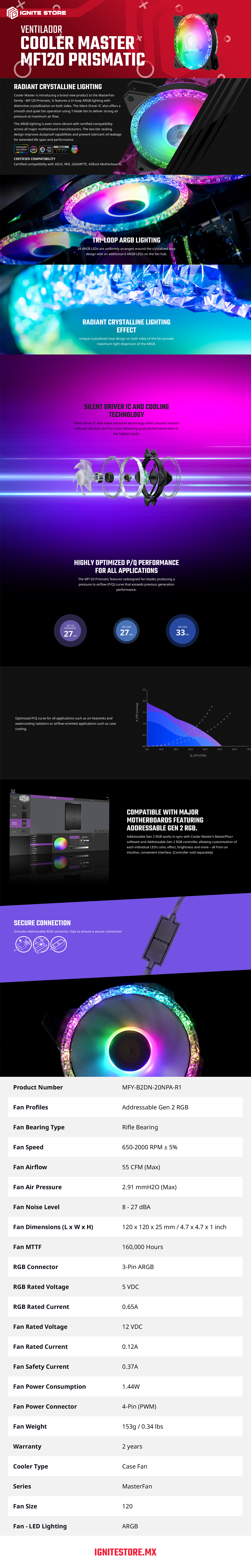 Ventilador CoolerMaster Masterfan MF120 Prismatic | 650-2000 RPM | 8 - 27 dBA | 4-Pin (PWM) | 3-Pin ARGB | MFY-B2DN-20NPA-R1