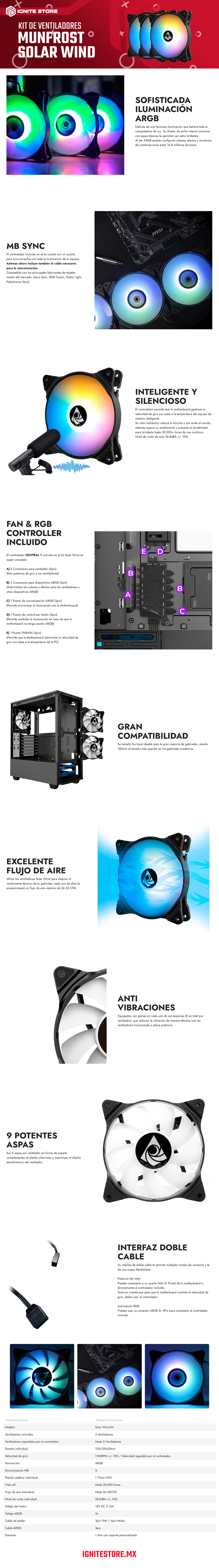 Kit de Ventiladores Munfrost Solar Wind | 120mm x 3 | 1100RPM | 28.8dBA | ARGB | MFVKSW1B