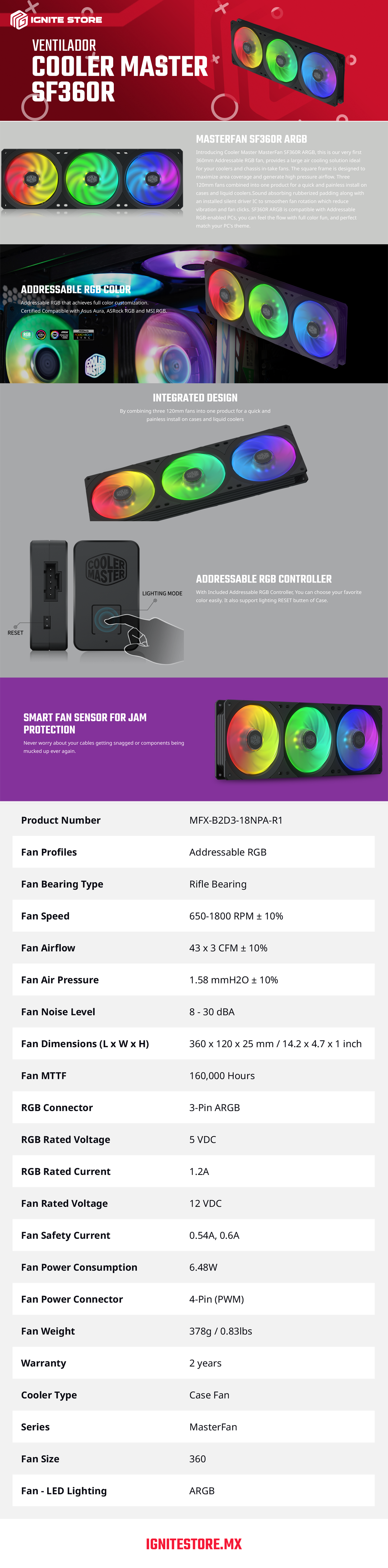 Ventilador CoolerMaster Masterfan SF360R ARGB |  360mm | 650-1800 RPM | 8 - 30 dBA | 3-Pin ARGB |  4-Pin (PWM) | MFX-B2D3-18NPA-R1