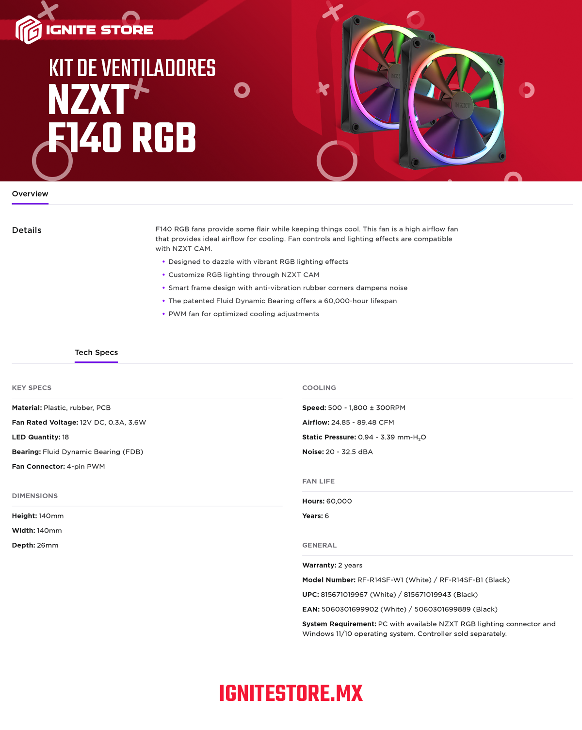 Kit de 2 Ventiladores NZXT F140 RGB - Negro - 140mm - Incluye Controlador