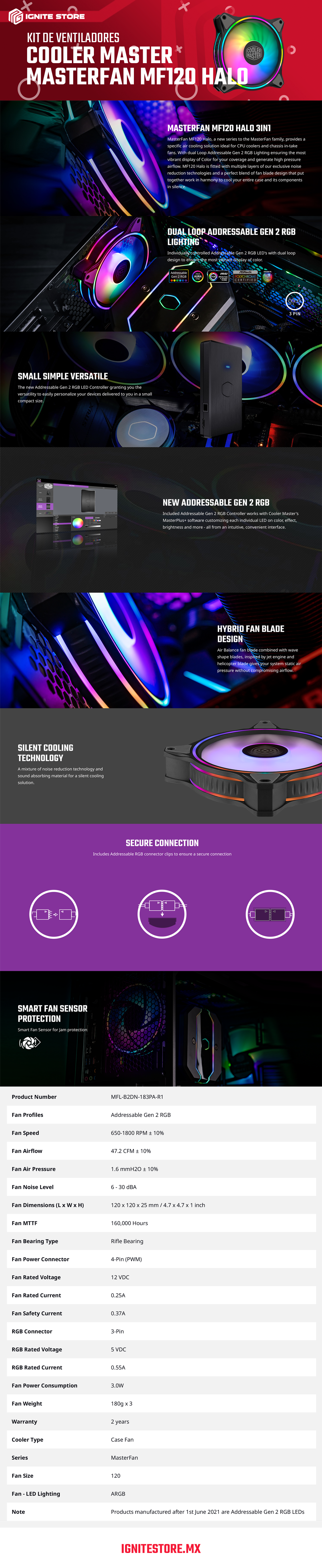 Kit de 3 Ventiladores CoolerMaster Masterfan MF120 Halo | 120mm x 3 | 650-1800 RPM | 6 - 30 dBA |  4-Pin (PWM) | RGB  3-Pin | MFL-B2DN-183PA-R1