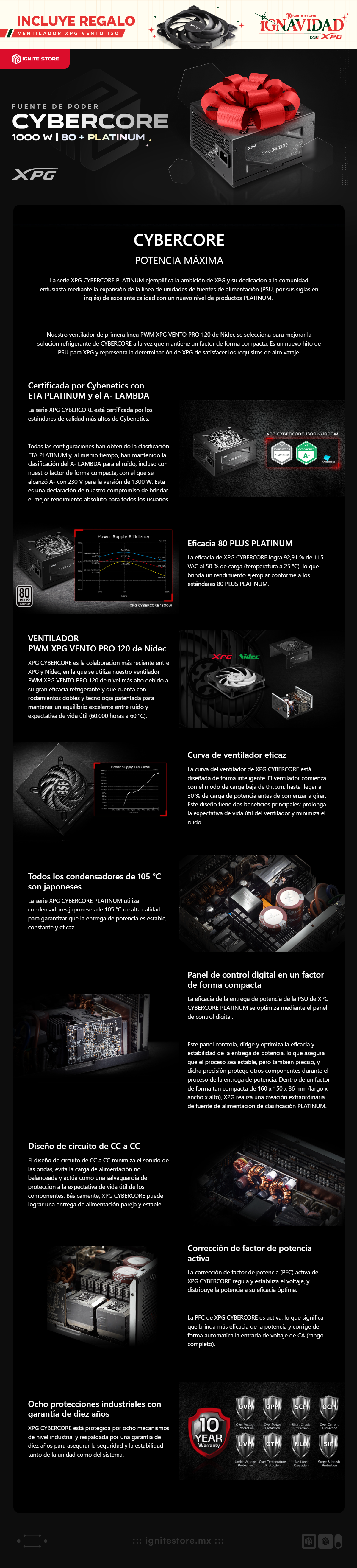 Fuente de Poder Adata XPG CyberCore | 1000W | 80+ Platinum | Modular | Promoción Ignavidad con XPG: Incluye Ventilador de regalo | CYBERCORE1000P-BKCUS