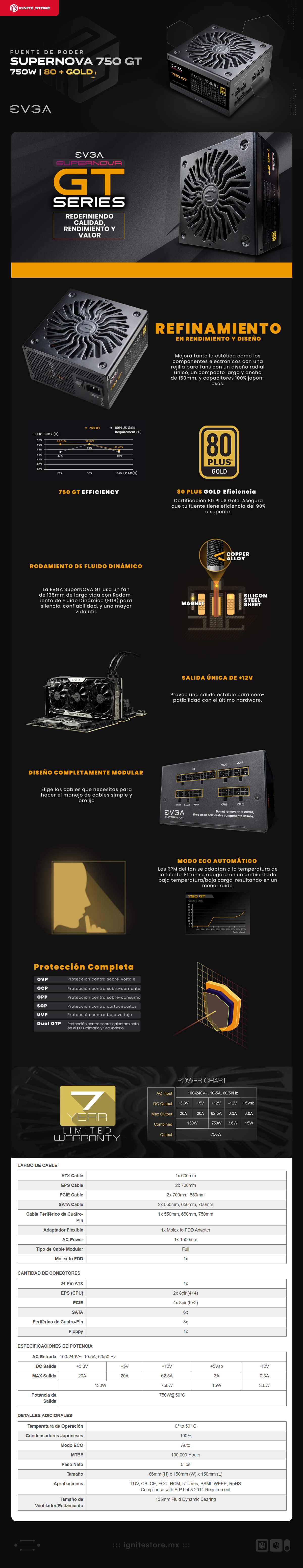 Fuente de Poder EVGA SuperNOVA 750 GT | 750W | 80 Plus Gold | Modular | 220-GT-0750-Y1