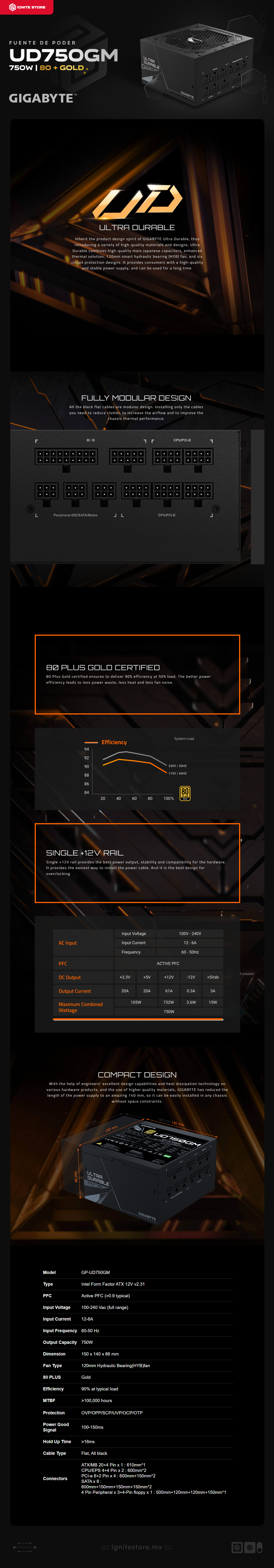 Fuente de Poder Gigabyte UltraDurable UD750GM | 750W | 80 Plus Gold | Full Modular | GP-UD750GM