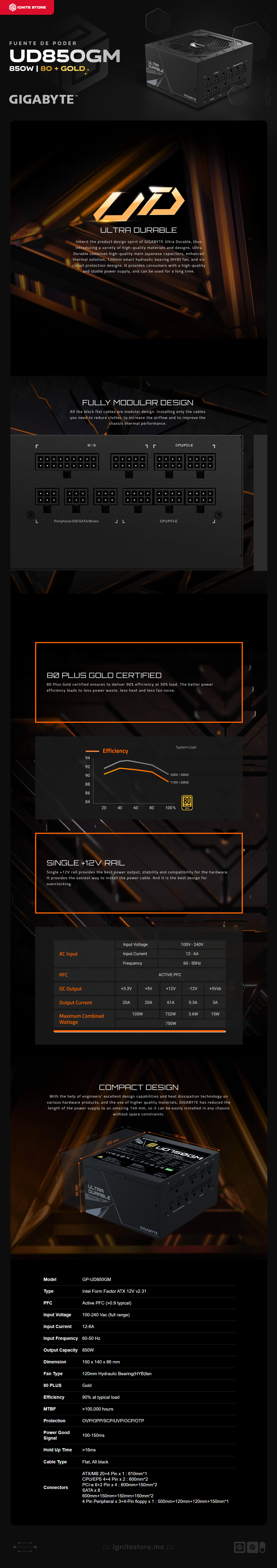 Fuente de Poder Gigabyte UD850GM | 850W | 80 Plus Gold | Modular | GP-UD850GM