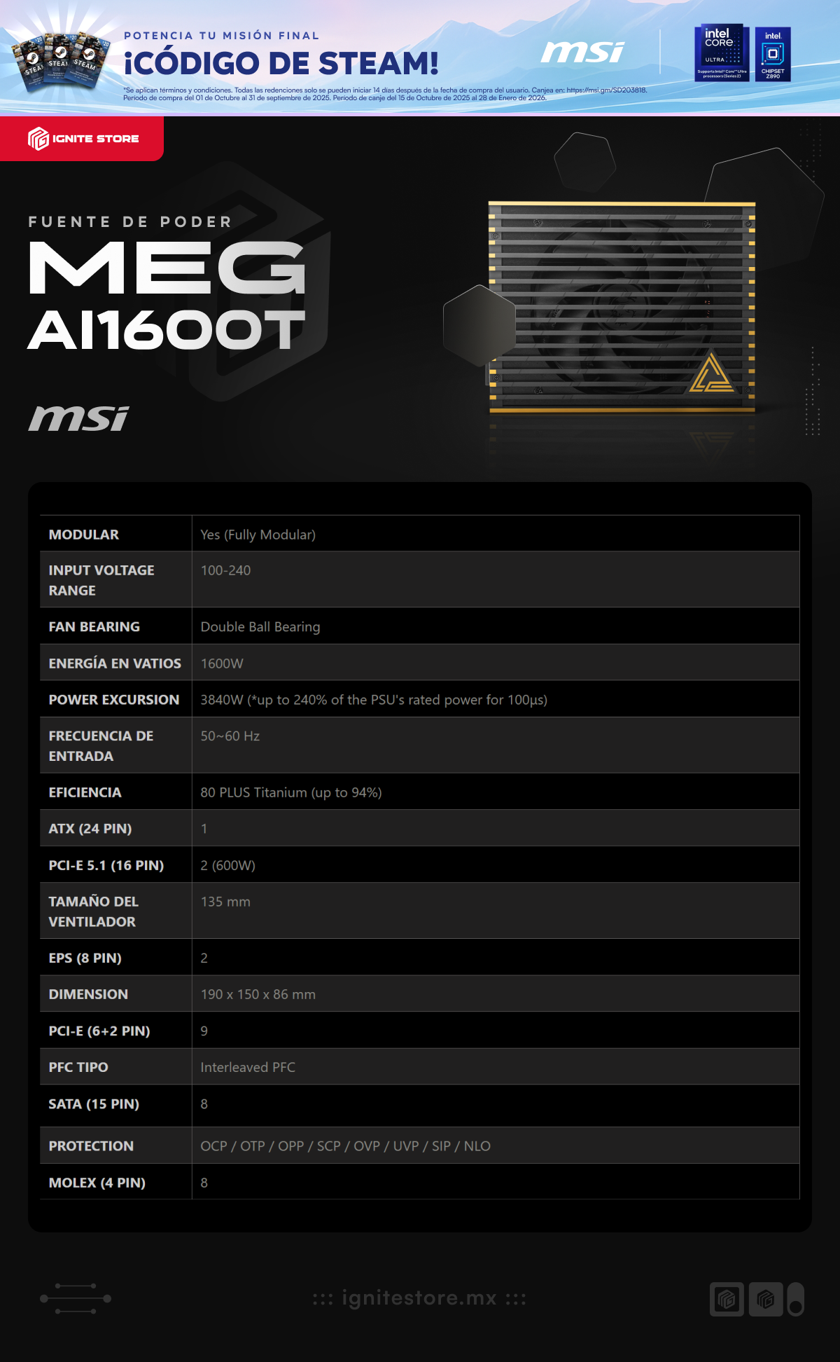 Fuente de Poder MSI MEG Ai1600T PCIE5 | 1600W | Full Modular | 80 PLUS Titanium | PCIe 5.1 | ATX 3.1 | MEG Ai1600T PCIE5
