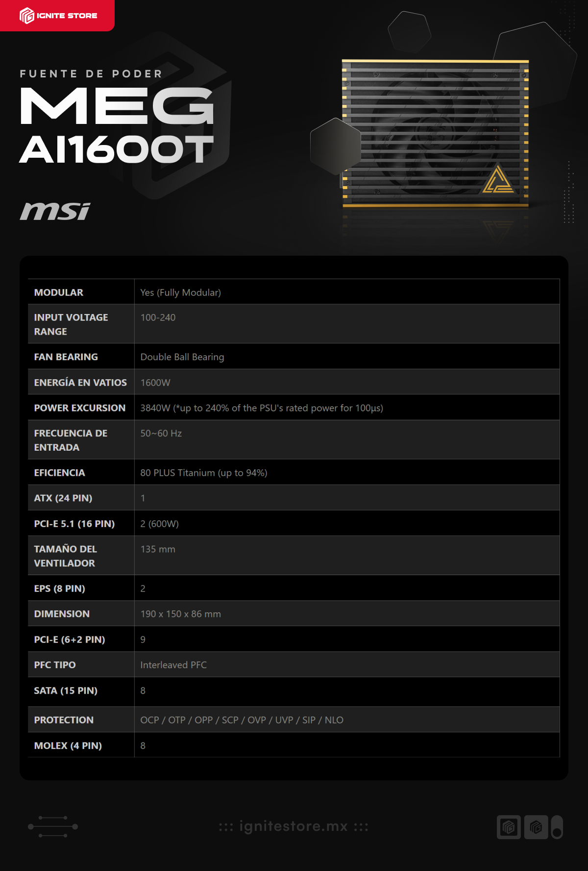 Fuente de Poder MSI MEG Ai1600T PCIE5 | 1600W | Full Modular | 80 PLUS Titanium | PCIe 5.1 | ATX 3.1 | MEG Ai1600T PCIE5