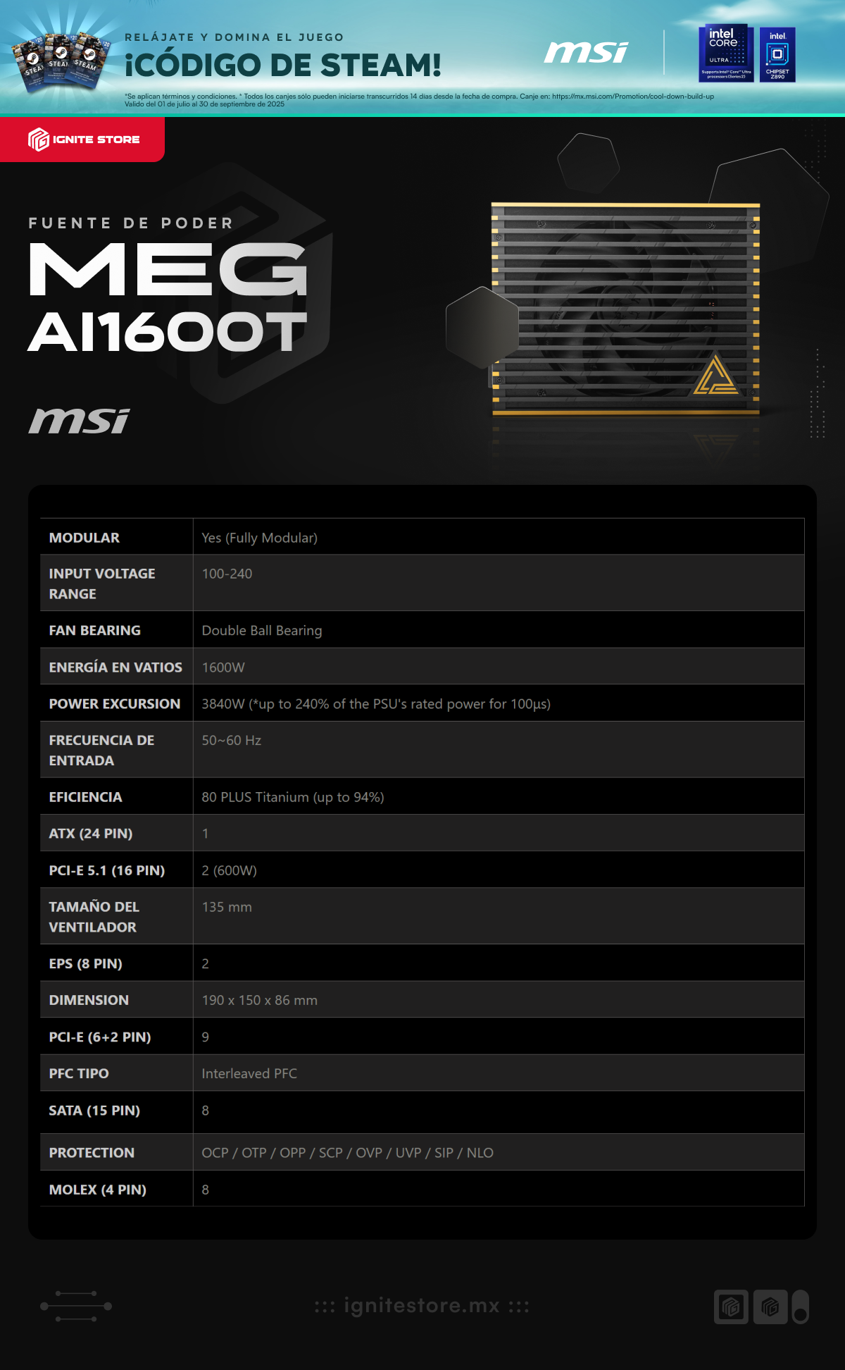 Fuente de Poder MSI MEG Ai1600T PCIE5 | 1600W | Full Modular | 80 PLUS Titanium | PCIe 5.1 | ATX 3.1 | MEG Ai1600T PCIE5