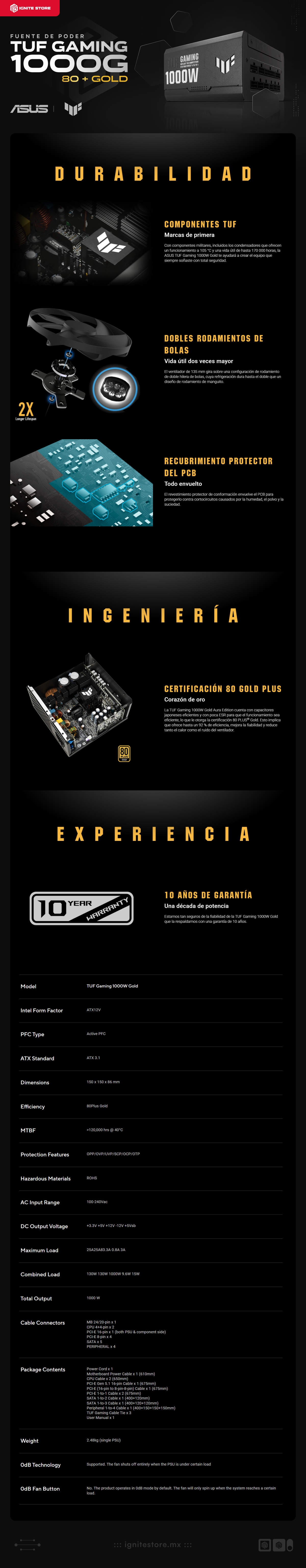 Fuente de Poder ASUS TUF Gaming | 1000W |  80Plus Gold | Modular | 24-pin ATX | TUF-GAMING-1000G