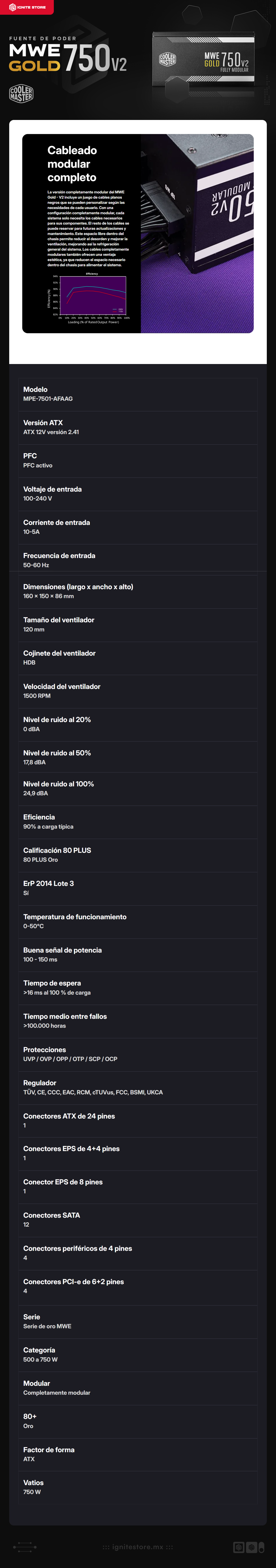 Fuente de Poder Cooler Master MWE Gold 750 V2 | 750W |  80 PLUS Gold | 1500 RPM | 120mm | 24-pin ATX | MPE-7501-AFAAG-U2