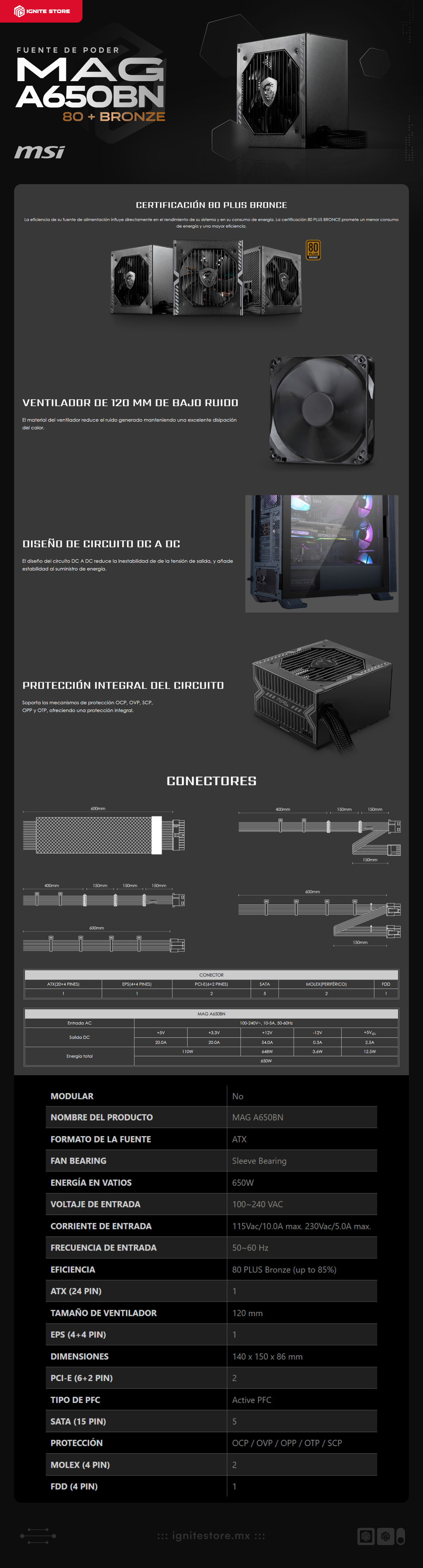Fuente de Poder MSI MAG A650BN | 650W | 80 PLUS Bronze | 24-pin ATX | 120 mm | MAG A650BN