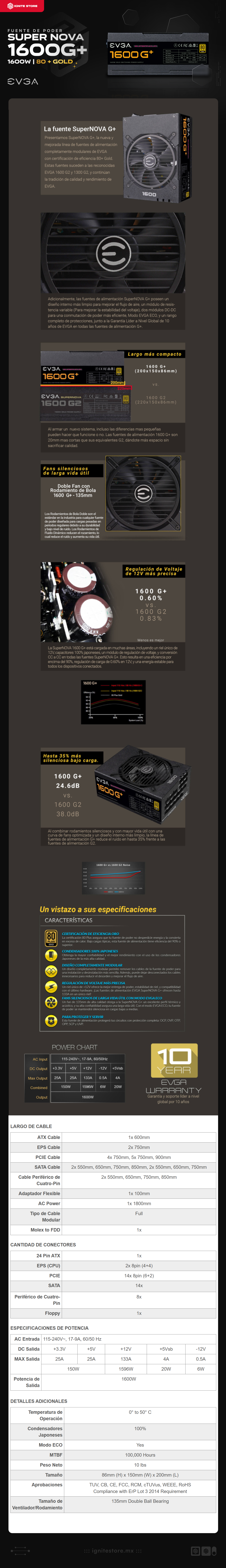 Fuente de Poder EVGA SuperNOVA 1600 G+ | 1600W | 80 Plus Gold | Full Modular | 220-GP-1600-X1