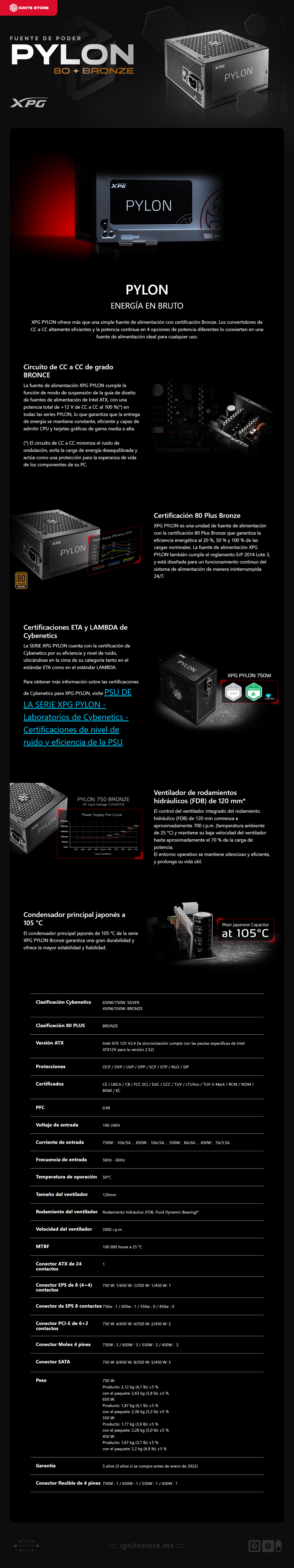 Fuente de Poder Adata XPG PYLON | 650W | 80+Bronze |   PYLON650B-BKCUS
