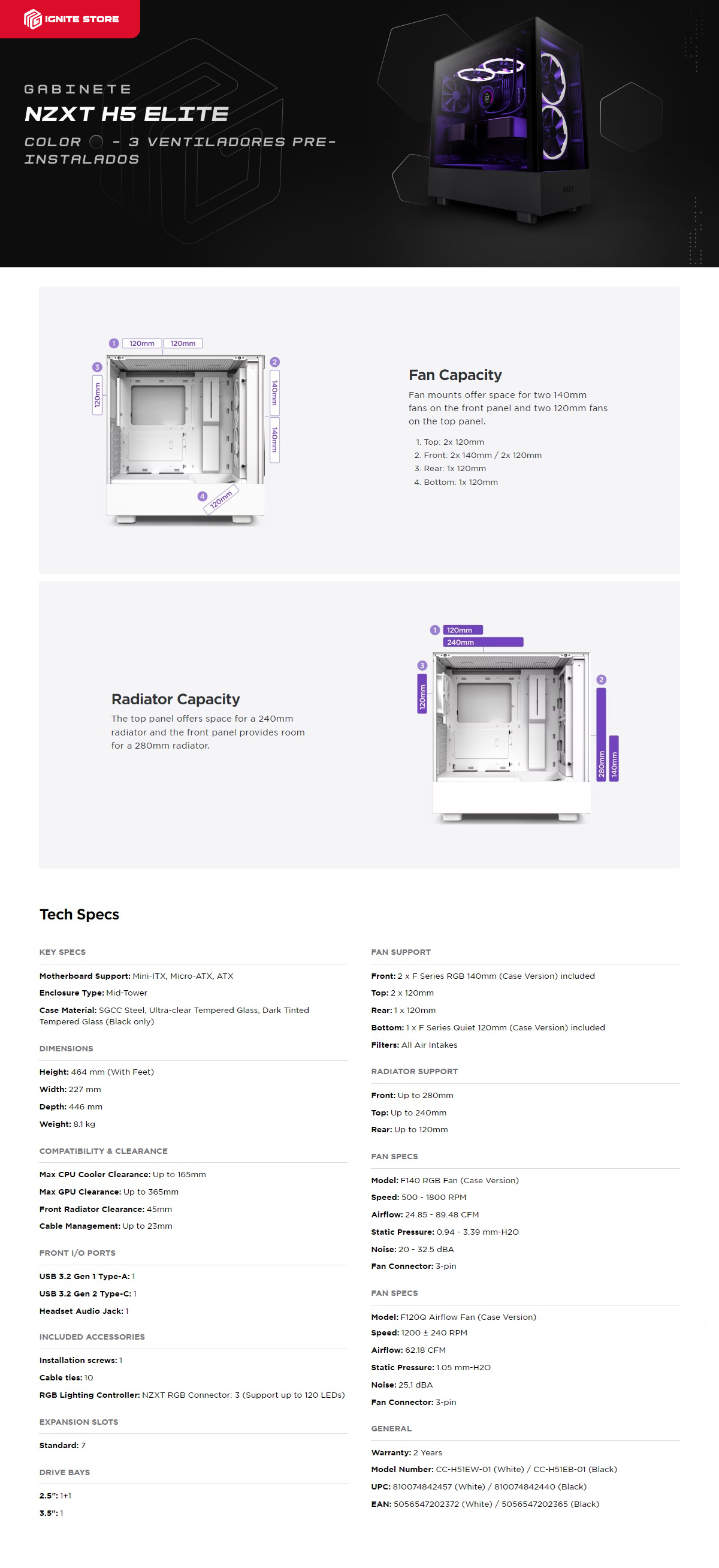 Gabinete NZXT H5 Elite Compact Negro | ATX | 3 Ventiladores | Cristal Templado | CC-H51EB-01