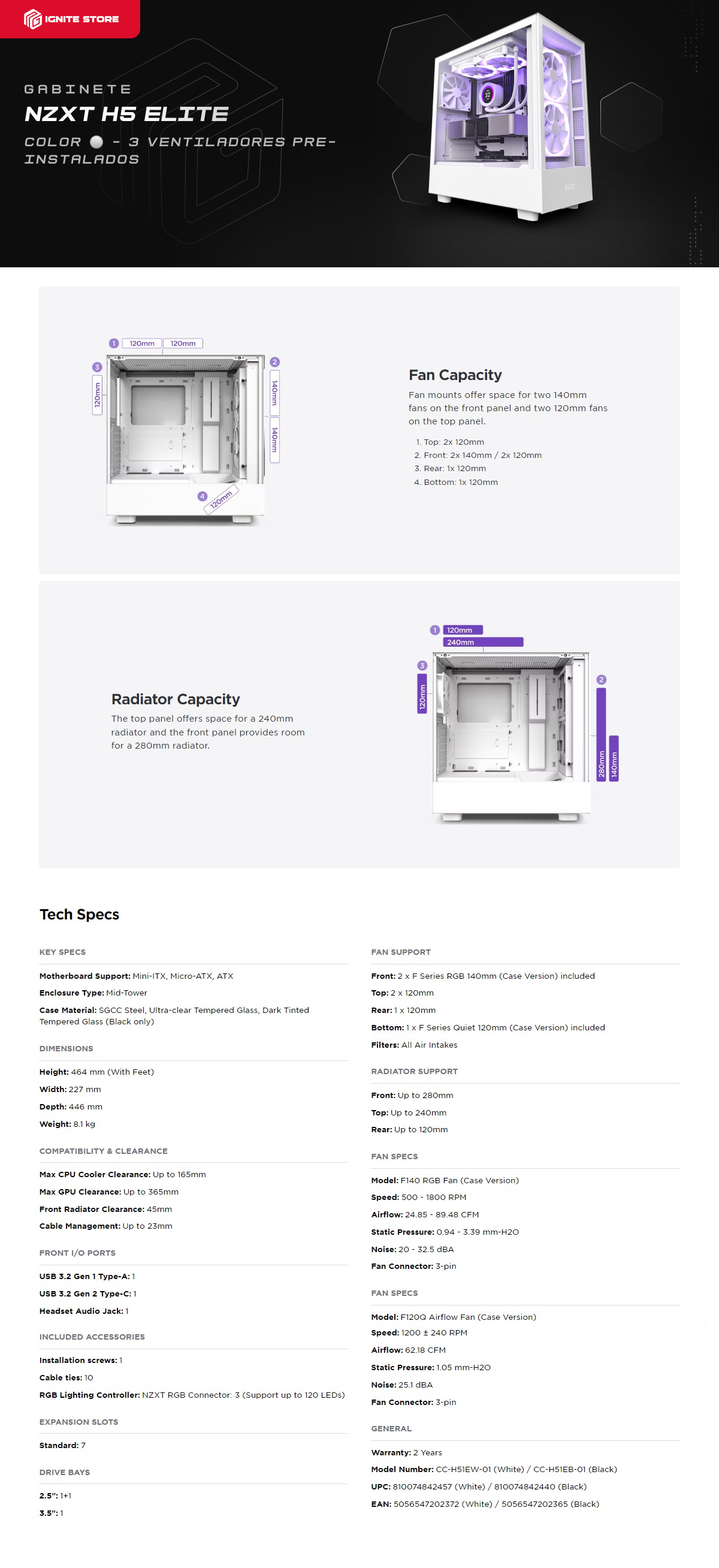 GABINETE NZXT H5 ELITE COMPACT 3 VENTILADORES ATX - CC-H51EW-01