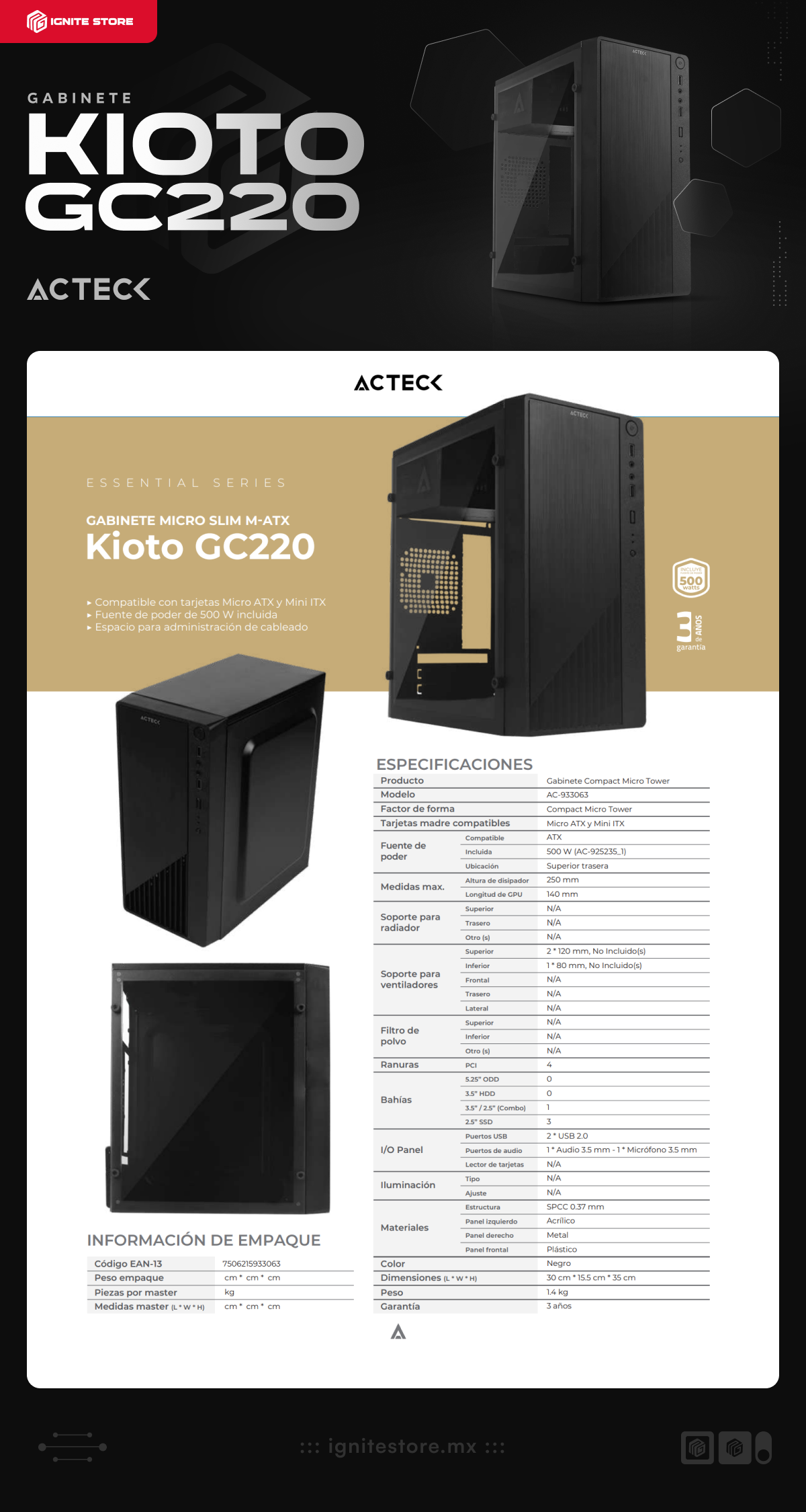 Gabinete Acteck Kioto GC220 | MATX | Incluye Fuente de Poder 500W | AC-933063