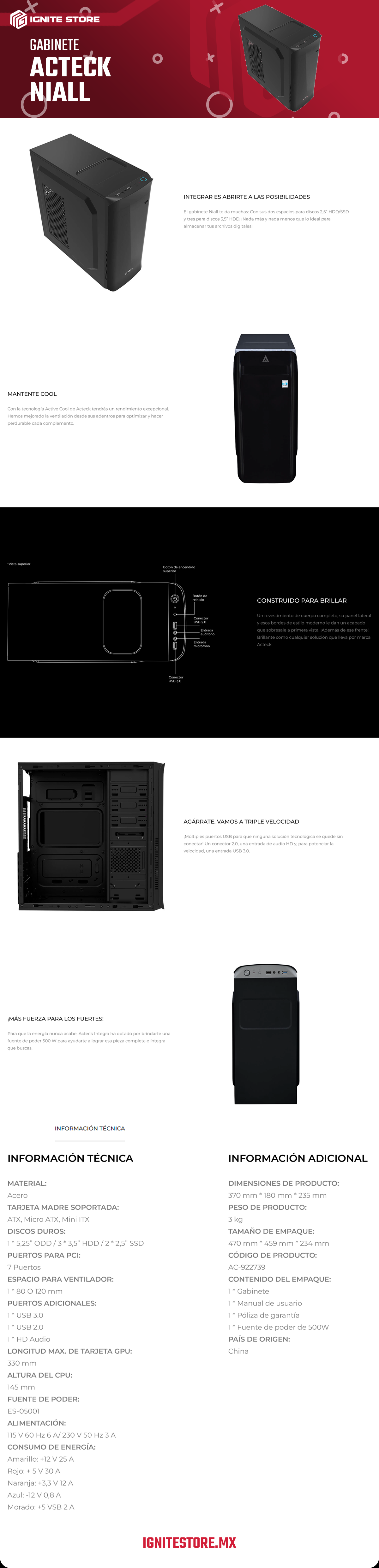 GABINETE ACTECK NIALL MATX CON FUENTE DE PODER 500W - AC-922739