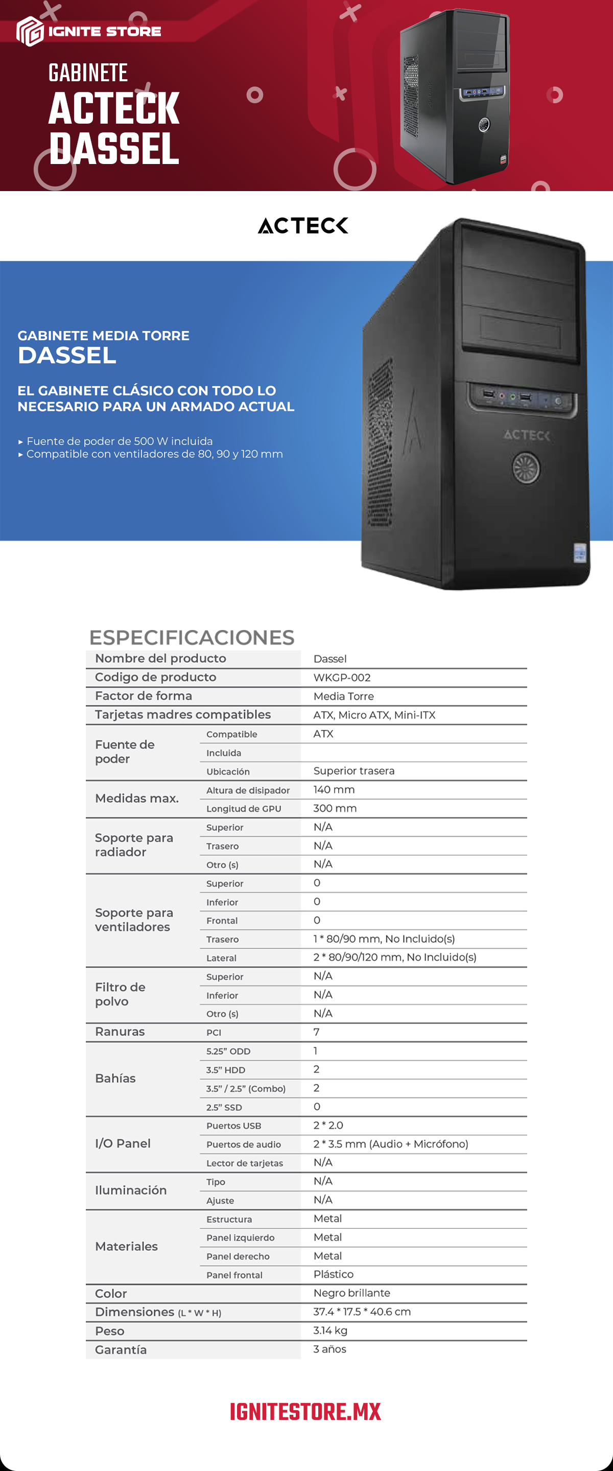 Gabinete Acteck Dassel P-502 | ATX | Incluye Fuente de Poder 500W | WKGP-002