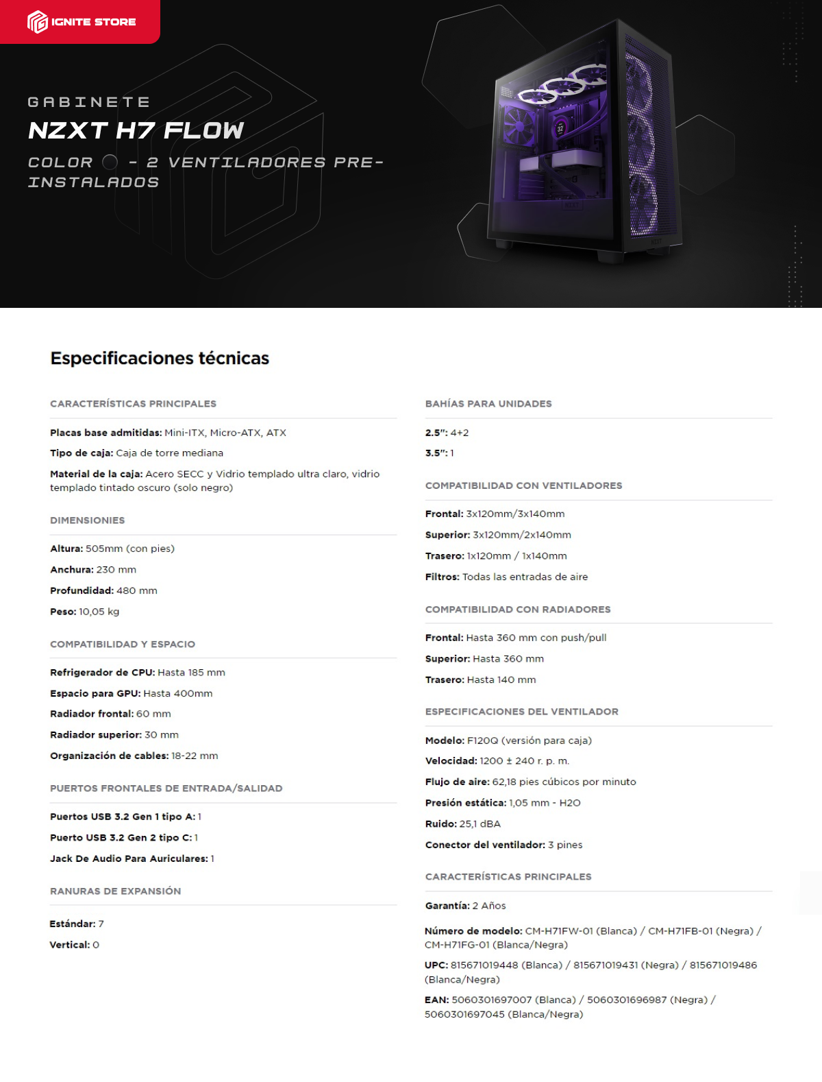 Gabinete gamer NZXT H7 Flow | Black | EATX | Cristal templado | CM-H71FB-01