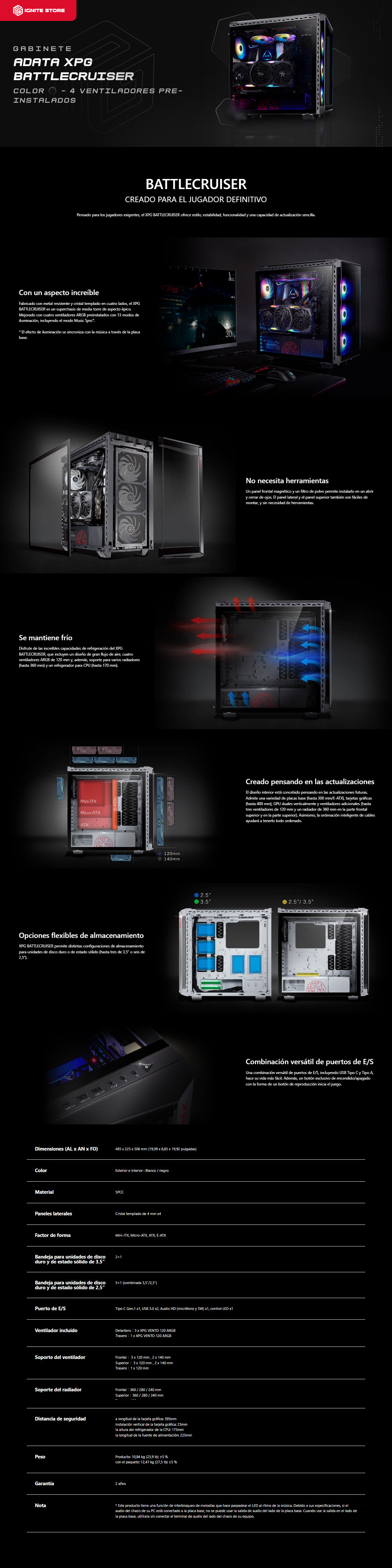 Gabinete ADATA XPG Battlecruiser Negro | E-ATX | 4 ventiladores ARGB preinstalados | BATTLECRUISER-BKCWW