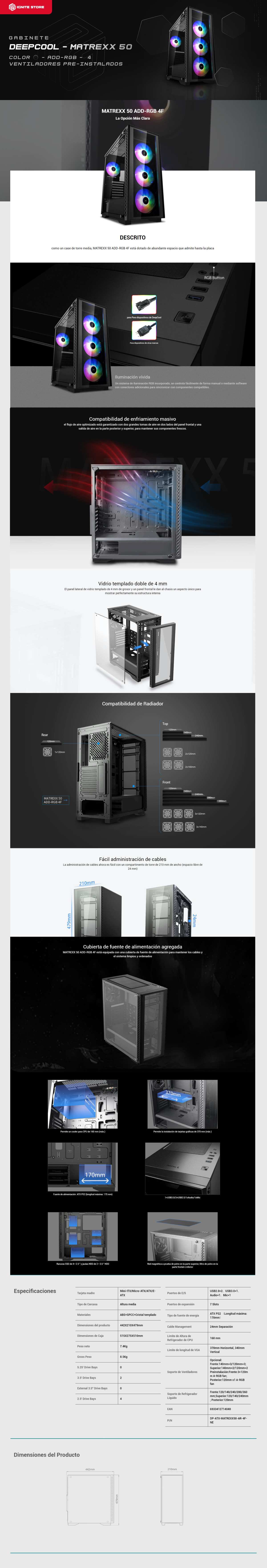 Gabinete DeepCool Matrexx 50 ADD-RGB 4F | ATX | 4 Ventiladores ARGB Preinstalados | DP-ATX-MATREXX50-AR-4F-NE