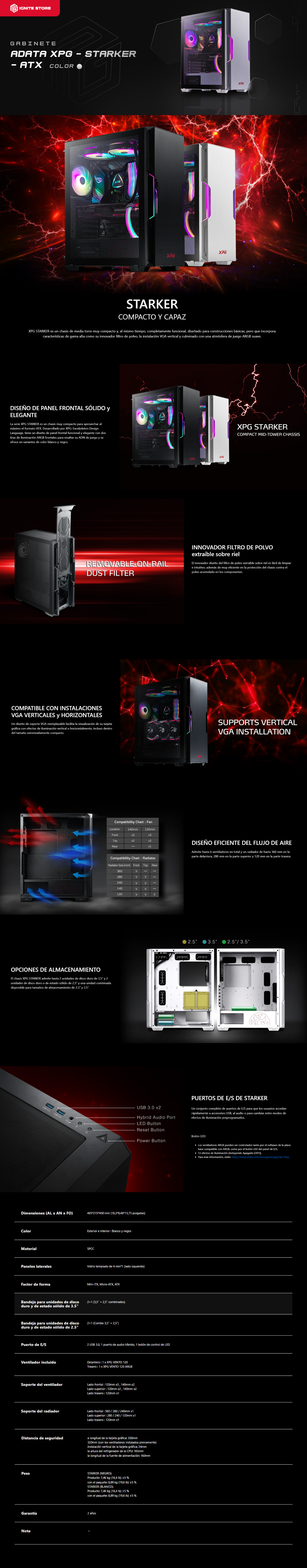 Gabinete ADATA XPG Starker | Blanco | ATX | 1 ventilador ARGB y 1 ventilador preinstalados | STARKER-WHCWW