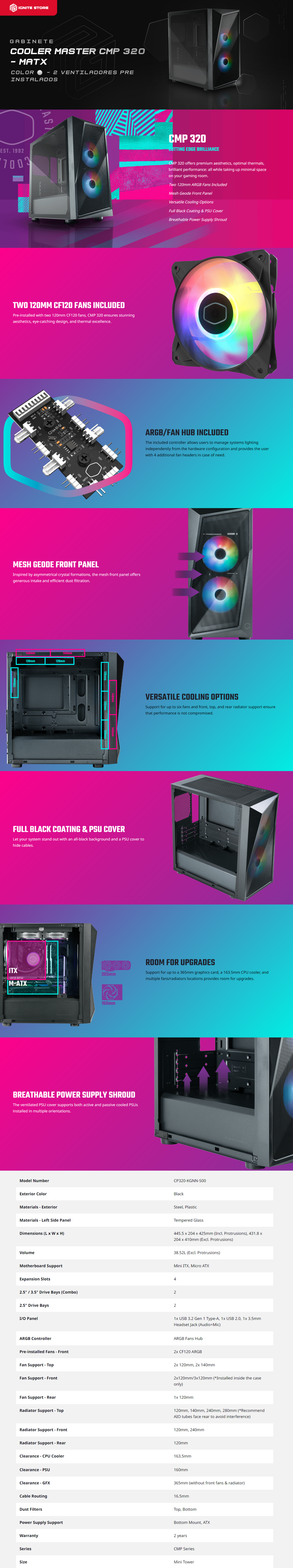 GABINETE COOLER MASTER CMP 320 MATX NEGRO (2 VENTILADORES PREINSTALADOS) / CP320-KGNN-S00