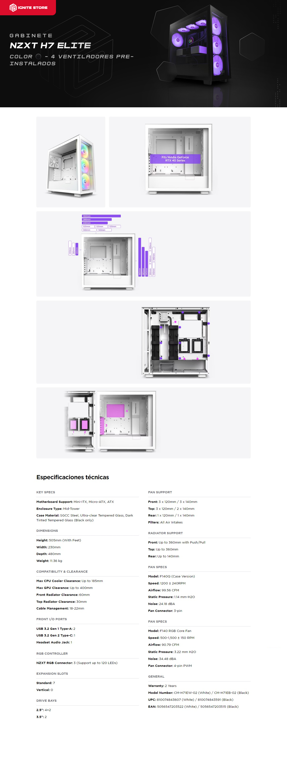 Gabinete NZXT H7 Elite 2023 Negro | Mid Tower | 3 Ventiladores ARGB y 1 Ventilador Preinstalado | CM-H71EB-02