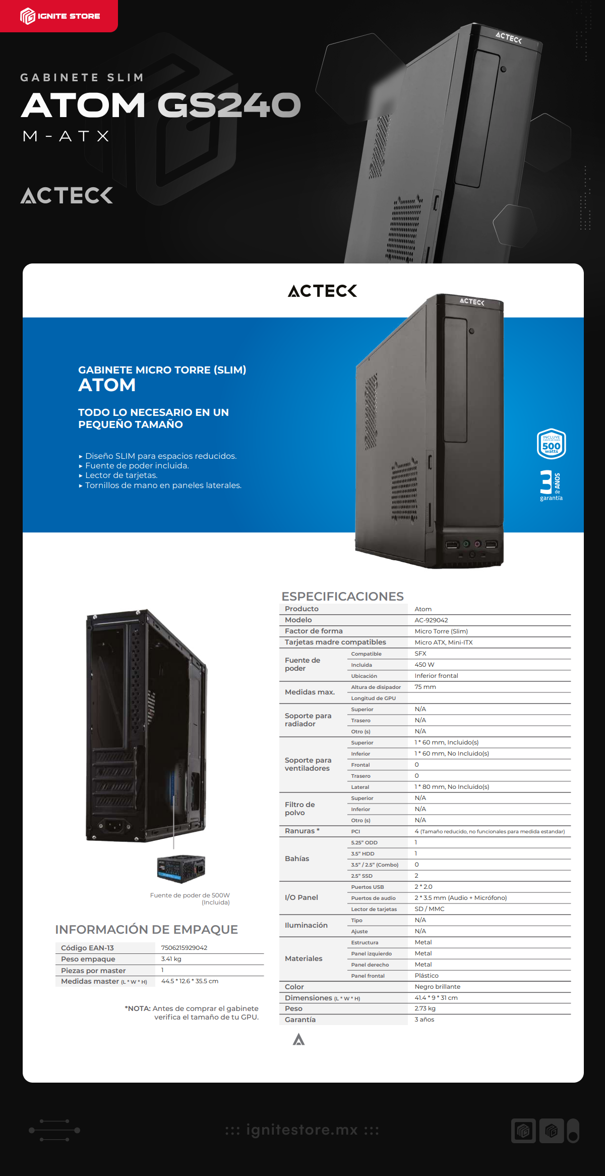 Gabinete Slim Acteck Atom GS240 | Negro | M-ATX | 2x USB 2.0 +1xFan | Incluye fuente de poder 450W | AC-92904