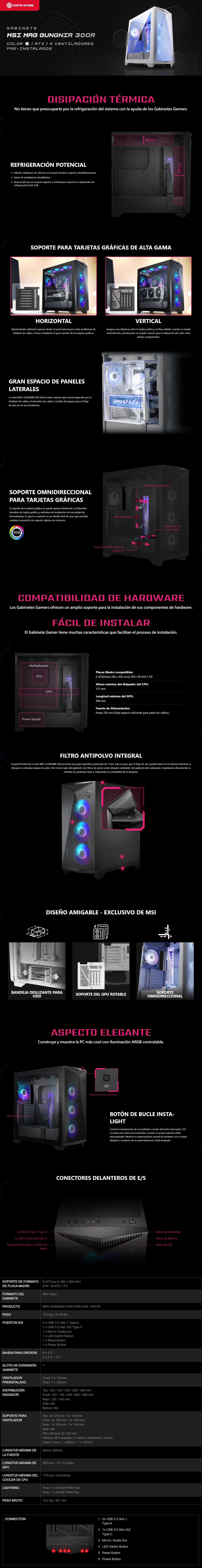 Gabinete MSI MAG Gungnir 300R Airflow | White cristal | RGB | ATX | 4 ventiladores | MPG GUNGNIR 300R AIRFLOW