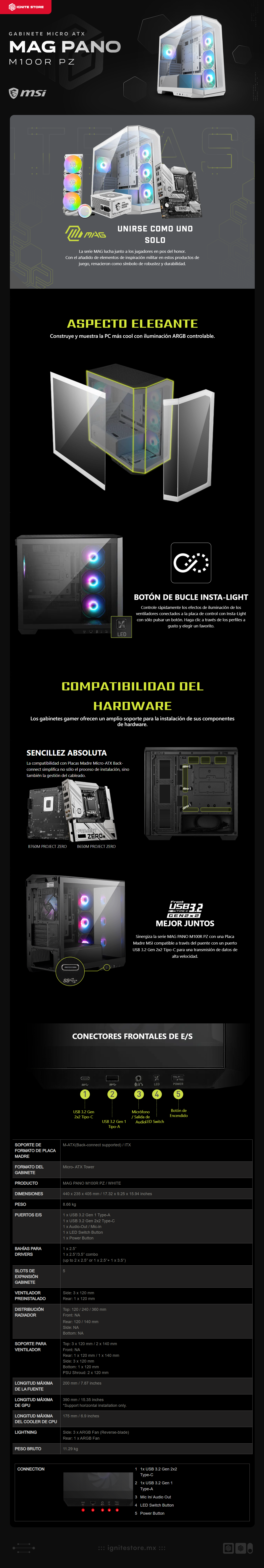 Gabinete MSI MAG PANO M100R PZ | Blanco | Back-connect M-ATX | ITX | Vidrio Templado | 4 ventiladores (120 mm) Pre-Instalados | MAG PANO M100R PZ WHITE