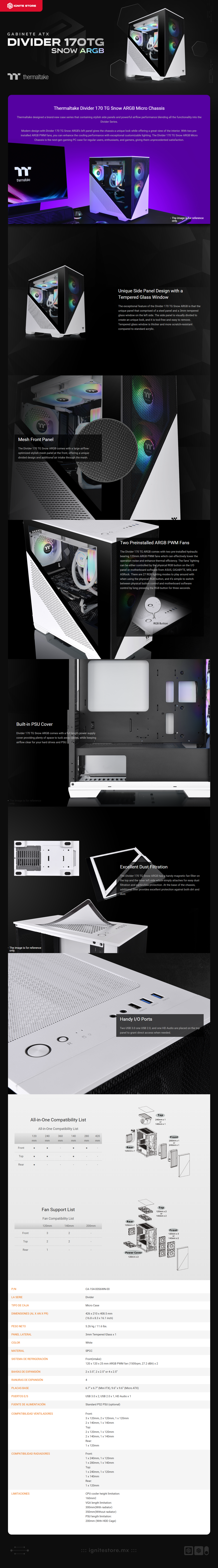 Gabinete Thermaltake Divider 170 TG Snow ARGB | Micro Tower | Cristal Templado 3mm | Ventiladores ARGB 120mm Presintalados x 2| Color Blanco - Negro | CA-1S4-00S6WN-00