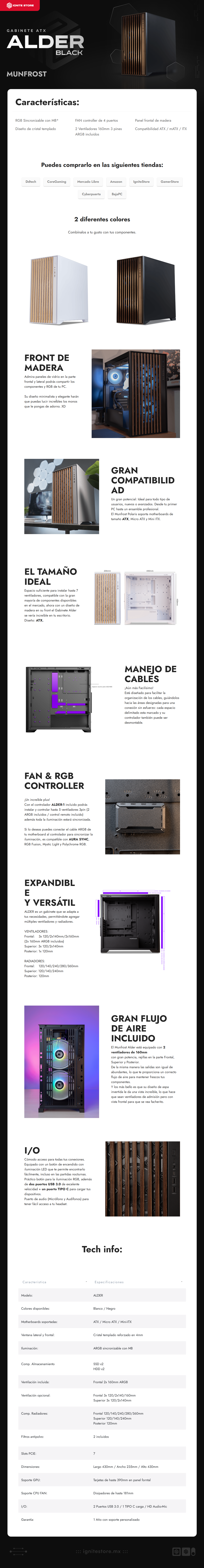 Gabinete Munfrost ALDER Black | ATX - Mini ATX - Mini ITX | ARGB | Cristal Templado 4mm | 2 ventiladores ARGB 160mm Preinstalados | CGALDERBMFT