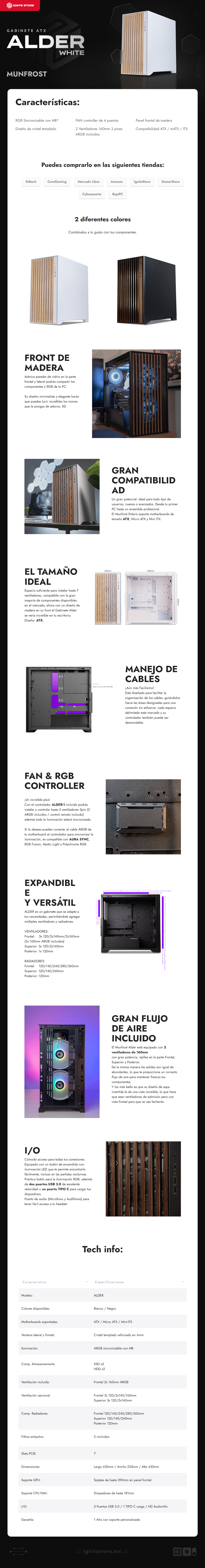 Gabinete Munfrost ALDER White | ATX - Mini ATX - Mini ITX | ARGB | Cristal Templado 4mm | 2 ventiladores ARGB 160mm Preinstalados | Color Blanco | CGALDERWMFT