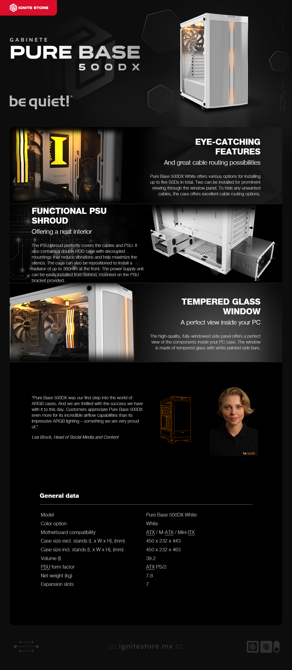 Gabinete Be Quiet! PURE BASE 500DX White | ATX / M-ATX / Mini-ITX | 3 Ventiladores 140mm Preinstalados | ARGB LED | Cristal Templado | Color Blanco | BGW38