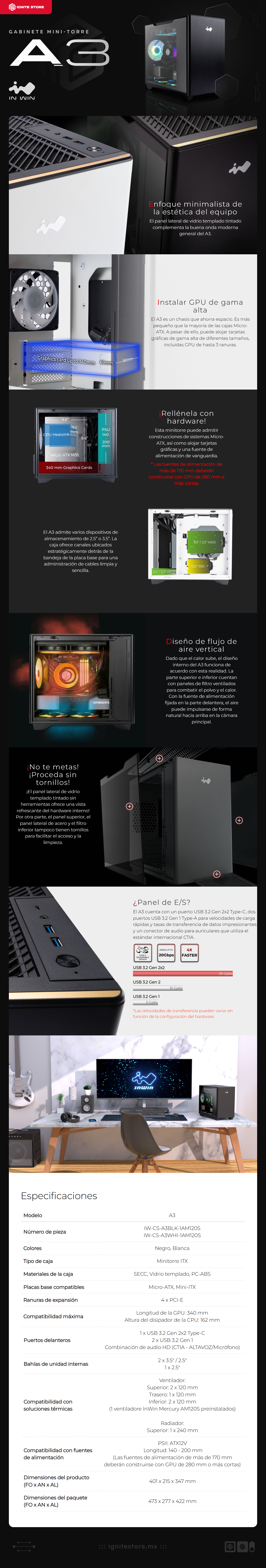 Gabinete InWin A3 | Micro-ATX /  Mini-ITX | Vidrio templado | USB 3.0 | 1 Ventilador Preinstalado | Color Negro | A3 BK 