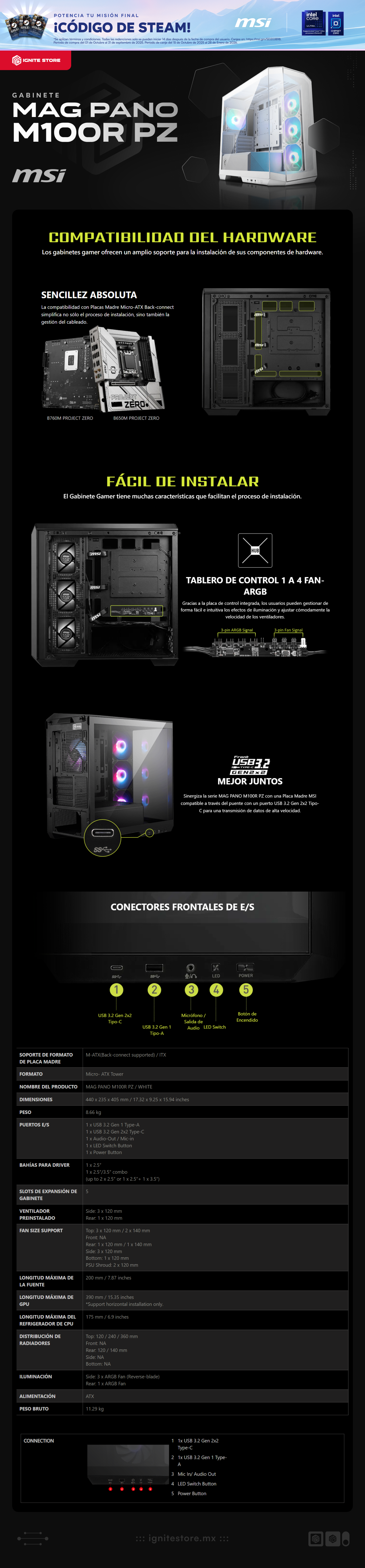 Gabinete MSI MAG PANO 100R PZ | ATX / Micro ATX  (Back-connect) | 4 Ventiladores ARGB Preinstalados | Vidrio Templado | Color Blanco | MAG PANO 100R PZ WHITE