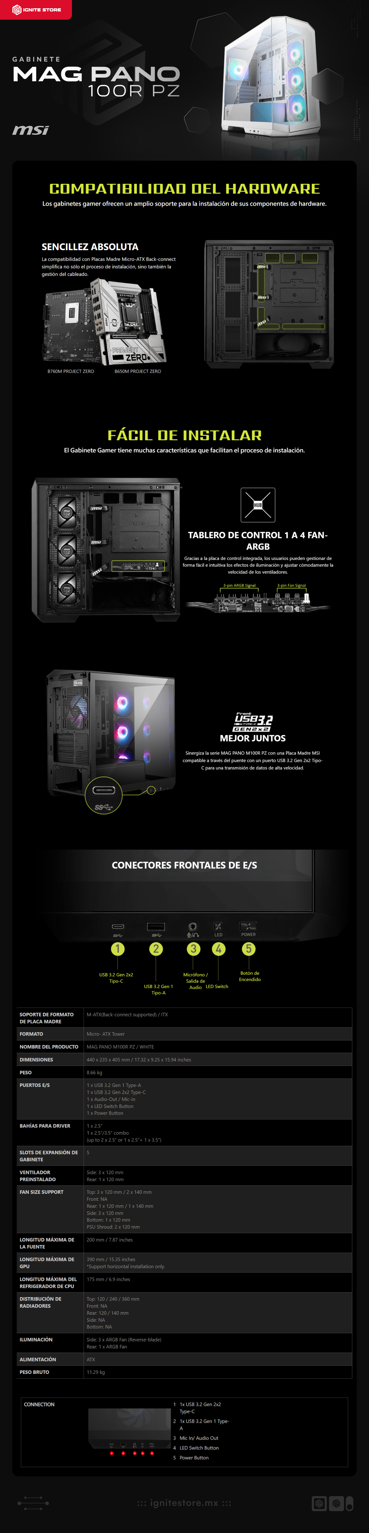 Gabinete MSI MAG PANO 100R PZ | ATX / Micro ATX  (Back-connect) | 4 Ventiladores ARGB Preinstalados | Vidrio Templado | Color Blanco | MAG PANO 100R PZ WHITE