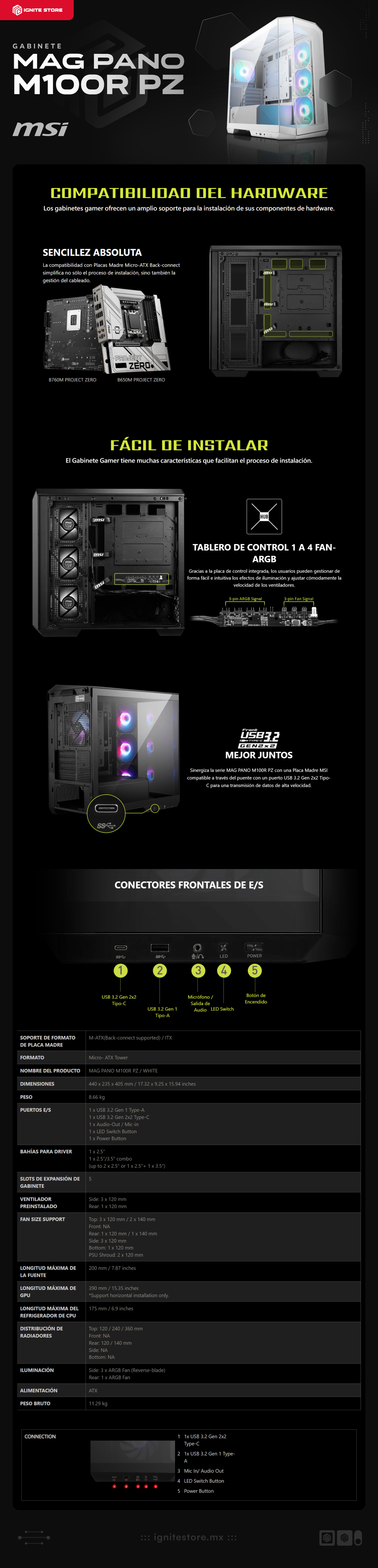 Gabinete MSI MAG PANO 100R PZ | ATX / Micro ATX  (Back-connect) | 4 Ventiladores ARGB Preinstalados | Vidrio Templado | Color Blanco | MAG PANO 100R PZ WHITE