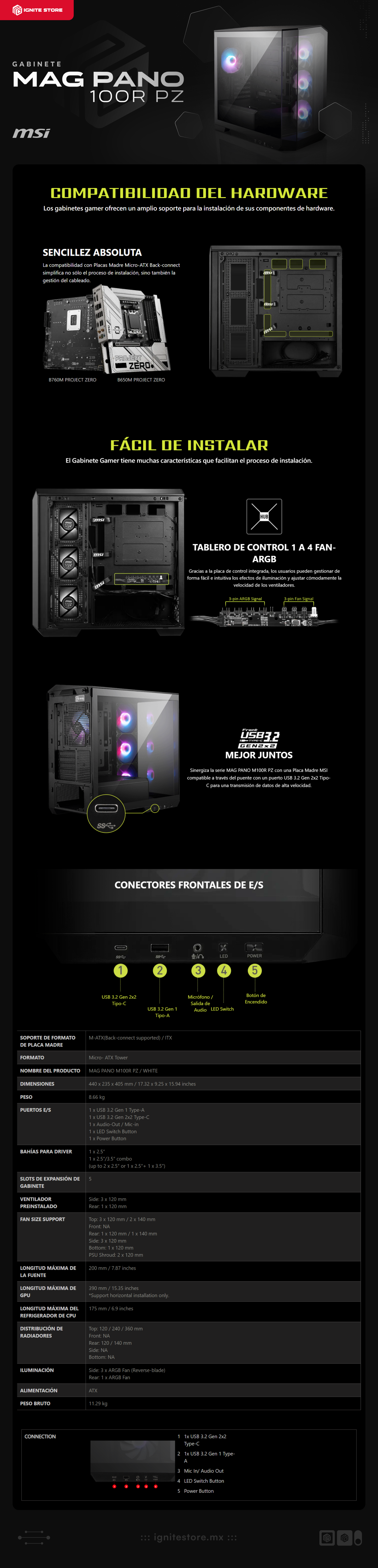 Gabinete MSI MAG PANO 100R PZ | ATX / Micro ATX (Back-connect) | 4 Ventiladores ARGB Preinstalados | Vidrio Templado | Color Negro | MAG PANO 100R PZ