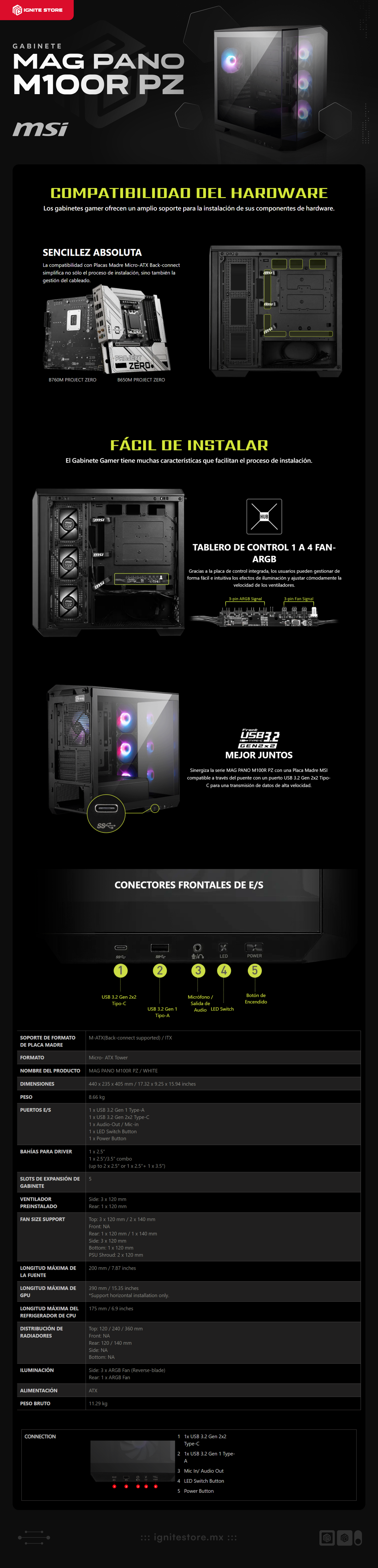 Gabinete MSI MAG PANO 100R PZ | ATX / Micro ATX (Back-connect) | 4 Ventiladores ARGB Preinstalados | Vidrio Templado | Color Negro | MAG PANO 100R PZ